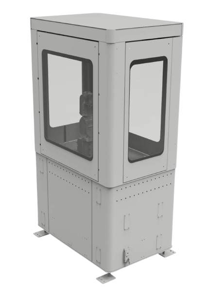 EasyDesk Enclosure — compact enclosed cobot robot cell with panoramic viewing panels and front access door