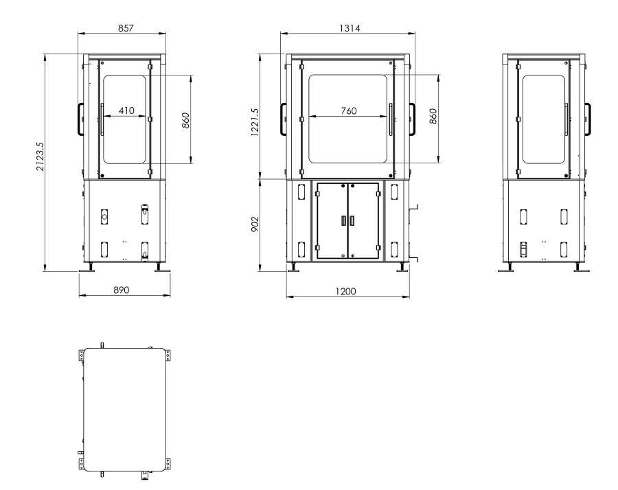 EasyDesk Enclosure platform dimensions — 1200mm length, 890mm width, 840x1060mm floor anchoring pattern