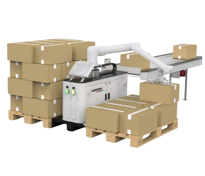 EasyRobotics EasyPalletizer cobot arm stacking cardboard boxes onto a wooden pallet on a factory floor