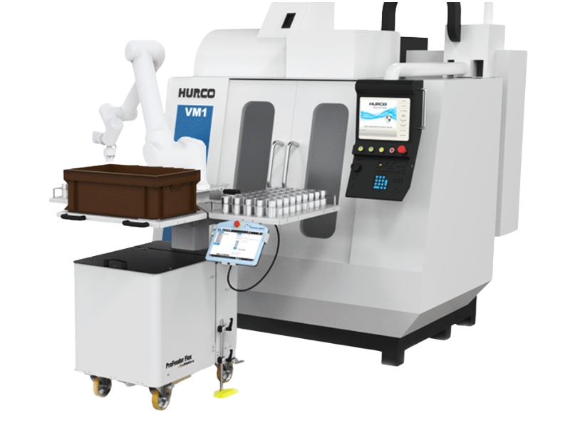 ProFeeder Flex mobile robot cell in CNC machine tending application on factory production floor